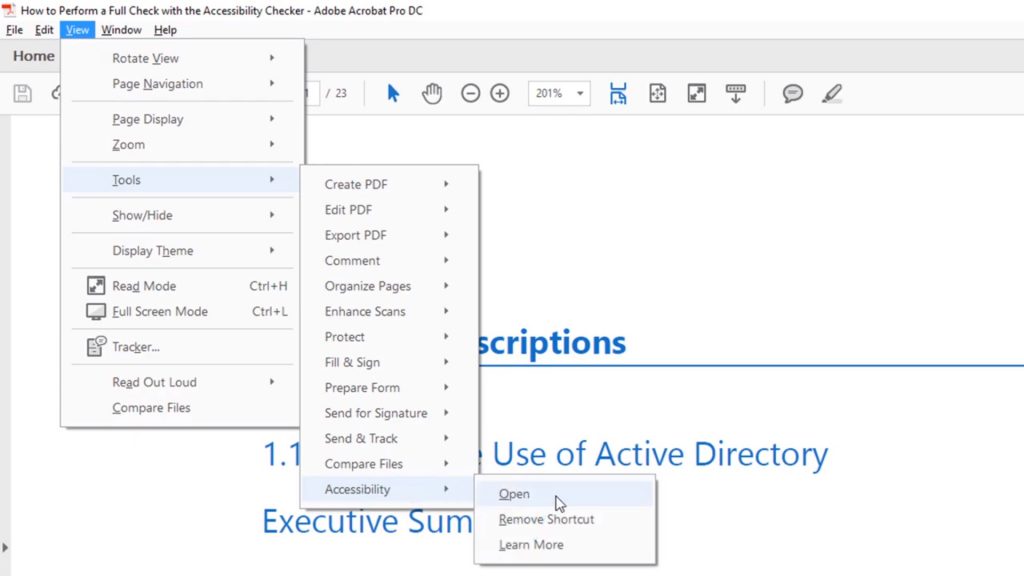 Accessing the accessibility checker on Adobe Acrobat Pro DC