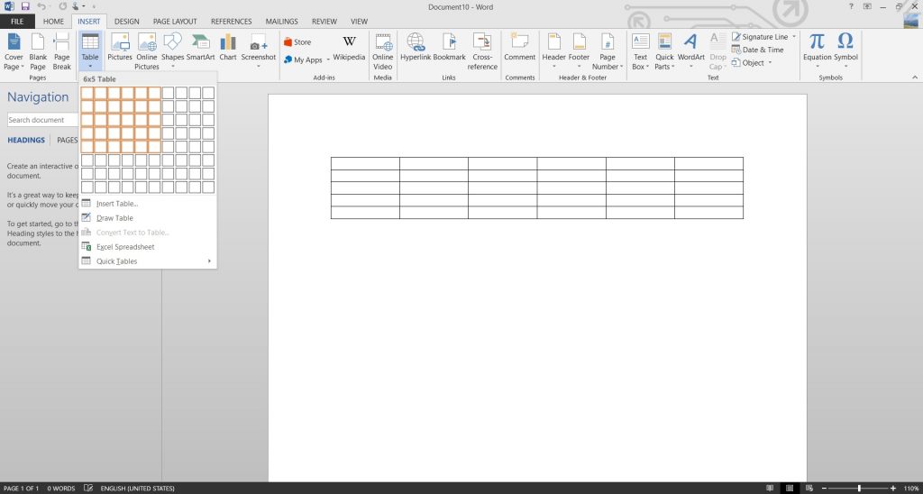 Adding tables in Microsoft Word