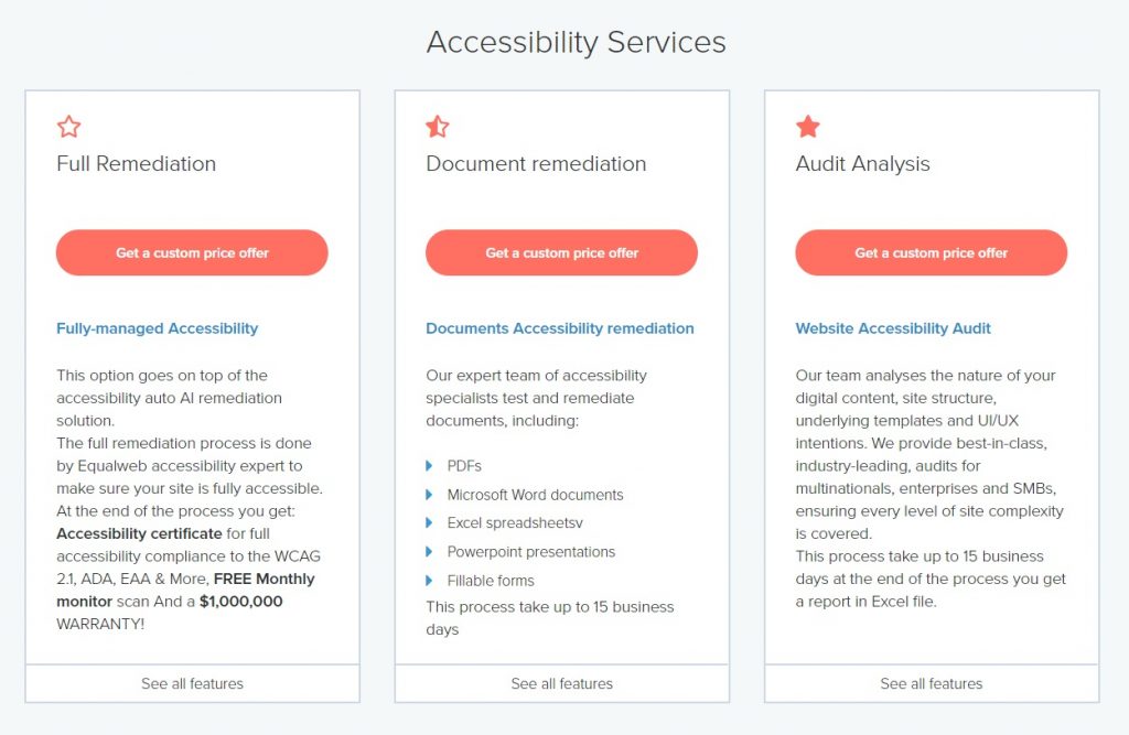 EqualWeb accessibility services customer plans