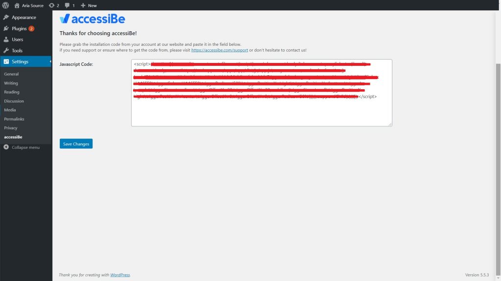accessiBe JavaScript code for WordPress