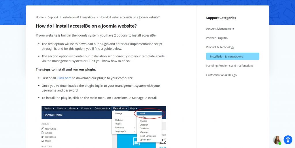 accessiBe installation guide for Joomla